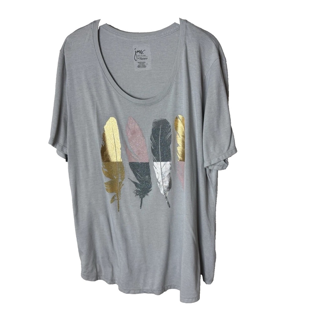 JMS T Shirt Plus Size 2X Top Short Sleeves Feathers Shimmer Gray Gold Pink